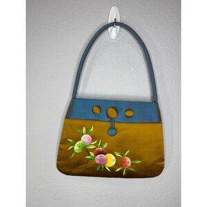 Handmade Yoi Embroidered Silk Shoulder Bag Gold & Teal With Snap Closure 8.5” x